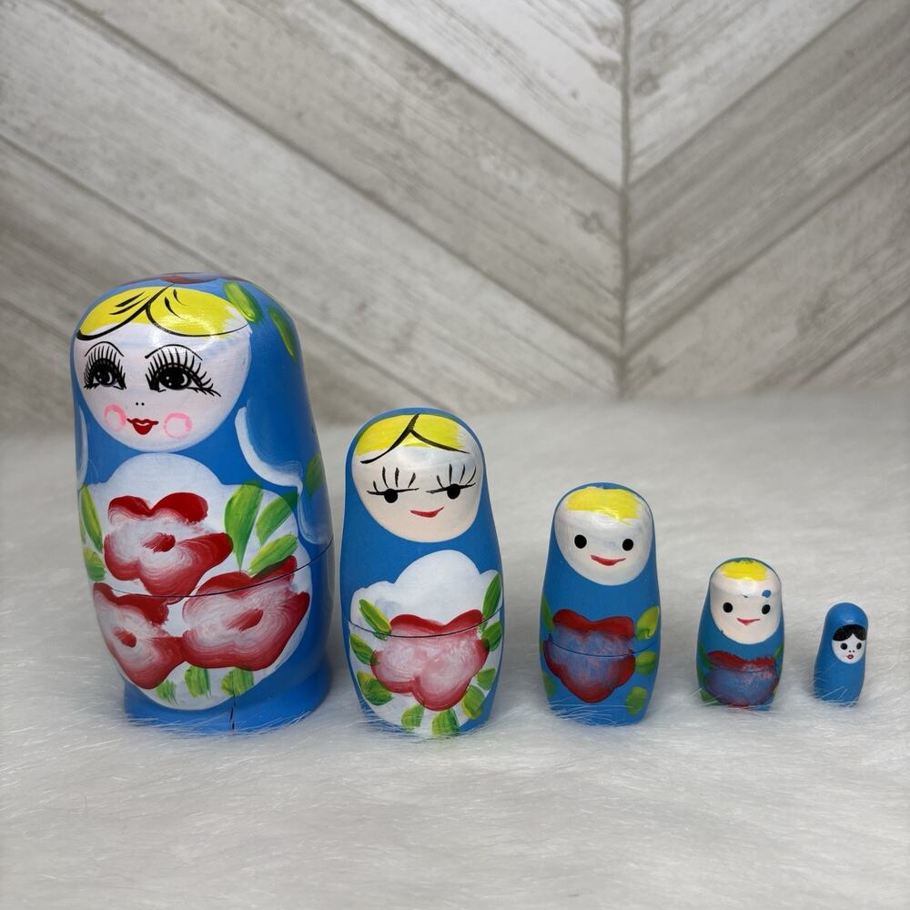 5 Pc Matryoshka Nesting Dolls Hand Painted Blue Floral Babushka Russian Wood